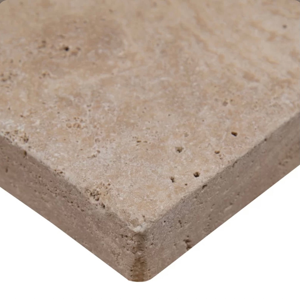 Light Walnut Travertine paver in Versailles pattern with tumbled finish
