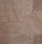 Warm Walnut Travertine Pavers in Versailles pattern with tumbled finish

