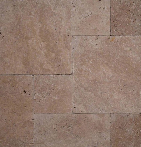 Warm Walnut Travertine Pavers in Versailles pattern with tumbled finish

