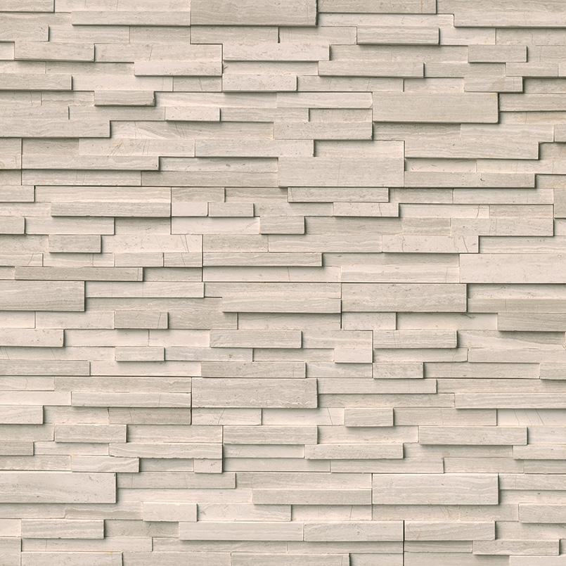 Flat lay of White Oak 3D honed marble stacked stone panel