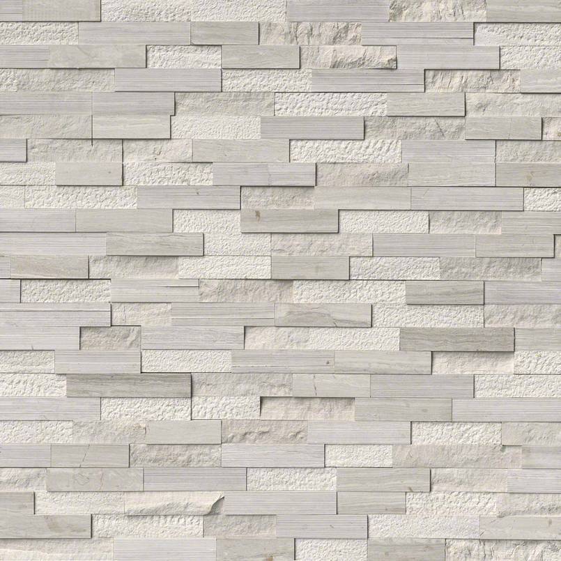 Flat lay of White Oak marble stacked stone panels showing textured finishes