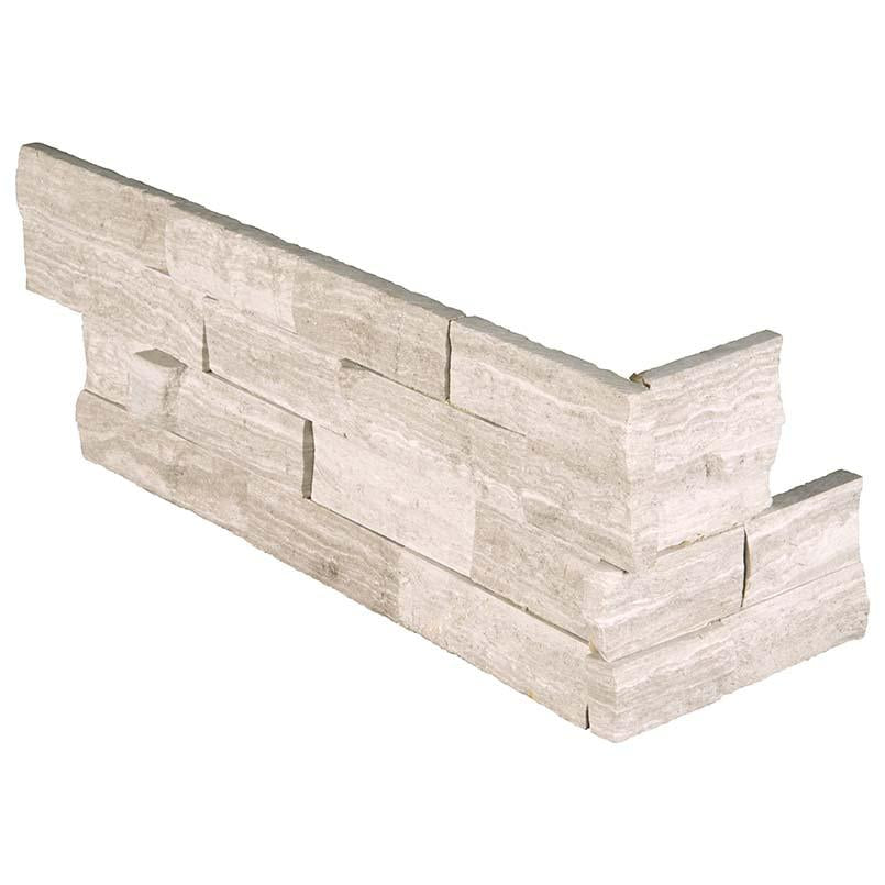 Flat view of White Oak Marble Stacked Stone Corner in split face finish, 6x18x6