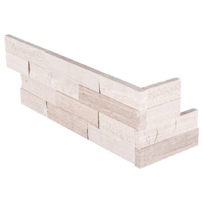 Flat view of White Oak Marble Stacked Stone Corner in split face finish, 6x18x6 L-shaped piece