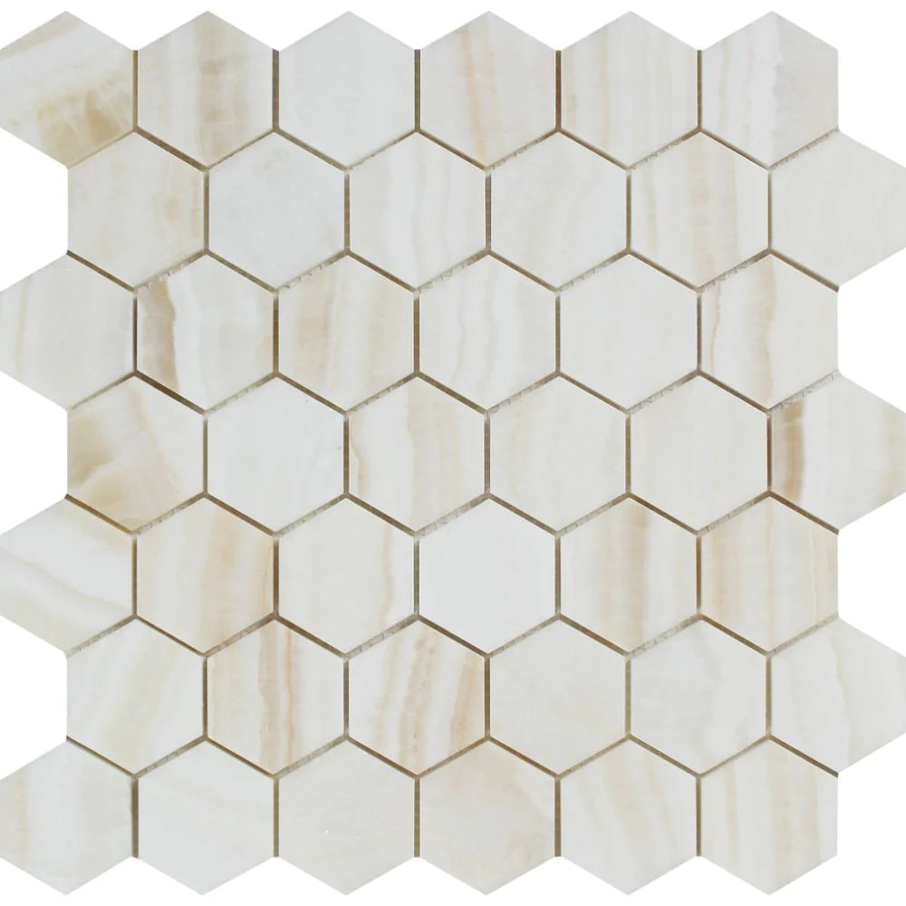 White Onyx Polished Hexagon 2in Mosaic Tile